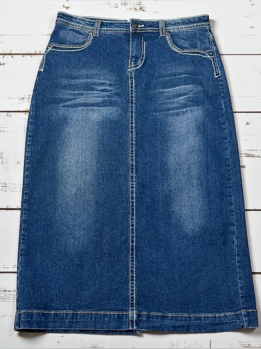 Main Street Exchange Y2K Denim Midi Skirt 14 Stretch Cottagecore Prairie Modest